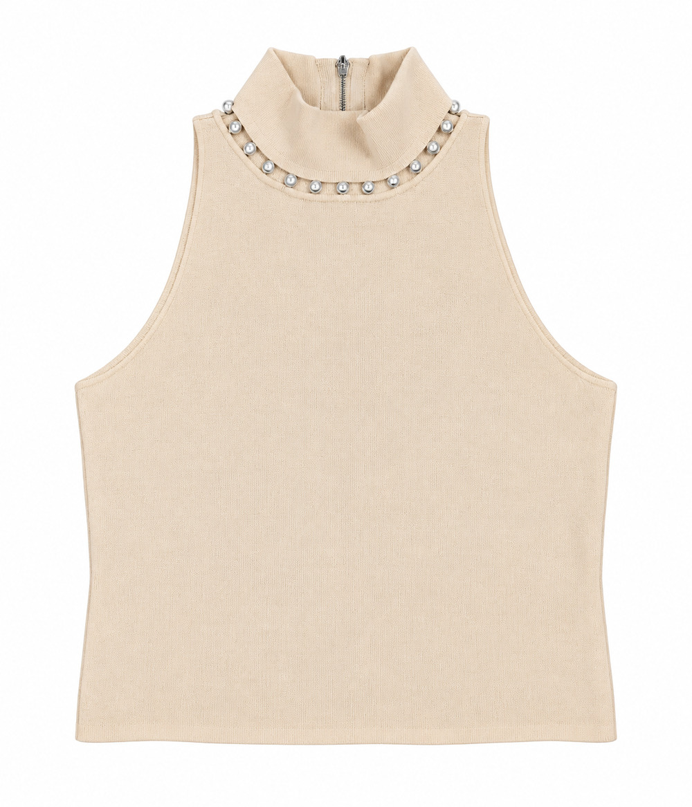 House of Harlow 1960 Pearl Mock Neck Sleeveless Top Summer Sand S NWT